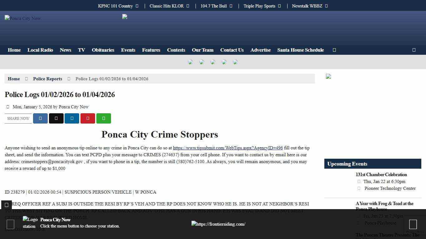 Police Logs 01/02/2026 to 01/04/2026 - Ponca City Now